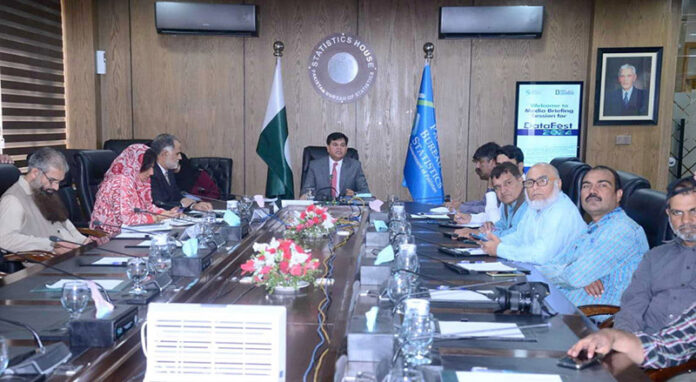 Member (SSRM & Focal Person on Data Fest,Mohammad Sarwar Gondal (Satara Imtiaz), briefing the media at the Pakistan Bureau of Statistics office in the federal capital