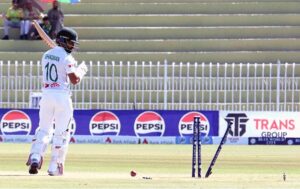 Pakistani bowler Khurram Shahzad celebrates after taking wicket of Shadman Islam during the 3rd day of 2nd Test match between Pakistan and Bangladesh at Rawalpindi Cricket Stadium