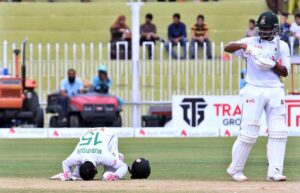 Bangladeshi batsman Mushfiqur Rahim looks on after played shot during the last day of 2nd and last cricket Test match between Pakistan and Bangladesh at Rawalpindi Cricket Stadium.