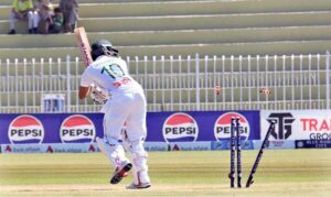 Pakistani bowler Khurram Shahzad celebrates after taking wicket of Shadman Islam during the 3rd day of 2nd Test match between Pakistan and Bangladesh at Rawalpindi Cricket Stadium