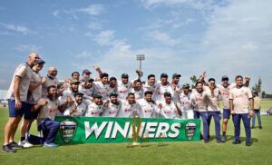Bangladeshi team players pose for a photograph with trophy after winning Test series against Pakistan at Rawalpindi Cricket Stadium.
