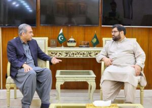 Interior Minister Mohsin Naqvi in a meeting with President Awami National Party Senator Aimal Wali Khan.