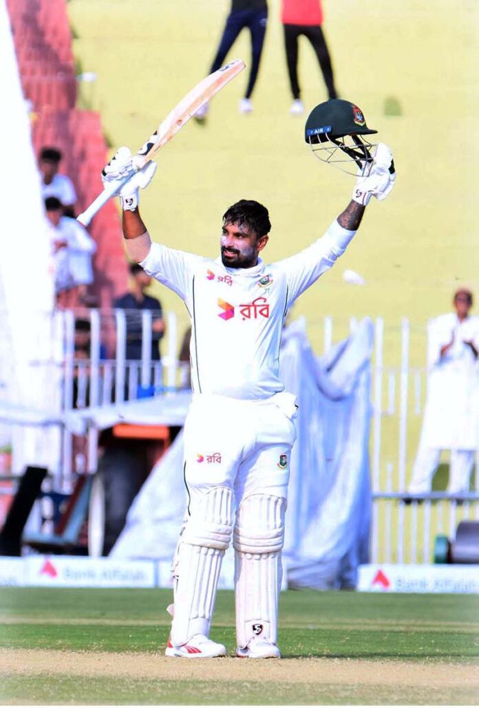 Bangladeshi batsman Liton Das celebrates after scoring century during the 3rd day of the 2nd Test match between Pakistan and Bangladesh at the Rawalpindi Cricket Stadium