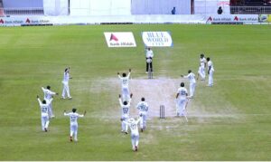 Bangladeshi players celebrates after taking wicket of Pakistani batsman Mir Hamza during the fourth day of 2nd test match between Pakistan and Bangladesh at Rawalpindi Cricket Stadium.