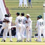 Pakistani players celebrate after taking the wicket of Bangladeshi batsman Mominul Haque during the 3rd day of the 2nd Test match between Pakistan and Bangladesh at the Rawalpindi Cricket Stadium