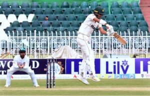 Bangladeshi players celebrates after taking wicket of Pakistani batsman Mir Hamza during the fourth day of 2nd test match between Pakistan and Bangladesh at Rawalpindi Cricket Stadium.