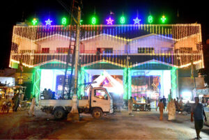 The Rabi-ul-Awal Gate beautifully illuminated with colorful lights for Eid Milad-un-Nabi (SAWW) celebrations in Latifabad.