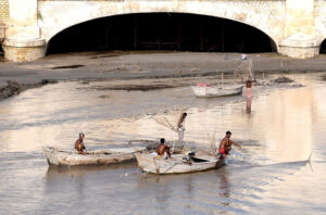 Fishermen using traditional methods to ctach fish in the Indus River near Sukkur Barrage.