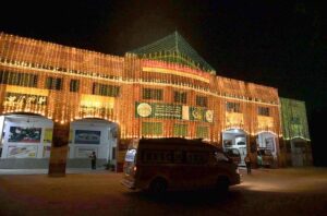 A beautifully decorated Rescue 1122 building in celebration of 12th Rabi-ul-Awal