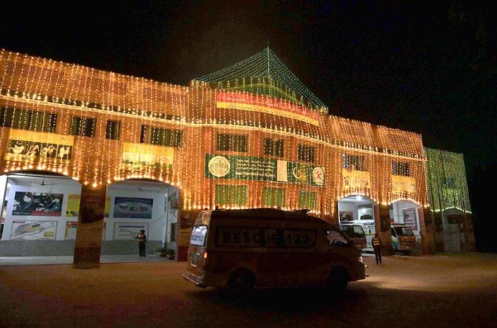 A beautifully decorated Rescue 1122 building in celebration of 12th Rabi-ul-Awal