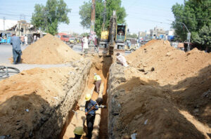 Machinery in use to repair the pipeline of Pak-Arab Refinery Company Ltd at Korangi Road