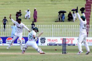 Bangladeshi batsman Mehidy Hasan Miraz playing shot during the 3rd day of the 2nd Test match between Pakistan and Bangladesh at the Rawalpindi Cricket Stadium