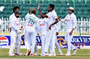 Bangladeshi players celebrates after taking wicket of Pakistani batsman Mir Hamza during the fourth day of 2nd test match between Pakistan and Bangladesh at Rawalpindi Cricket Stadium.