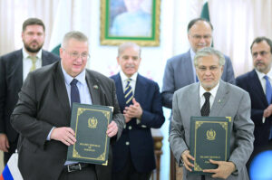 Prime Minister Muhammad Shehbaz Sharif and Deputy Prime Minister of Russian Federation witness signing of a Memorandum of Understanding between Pakistan and Russia to increase cooperation in different fields