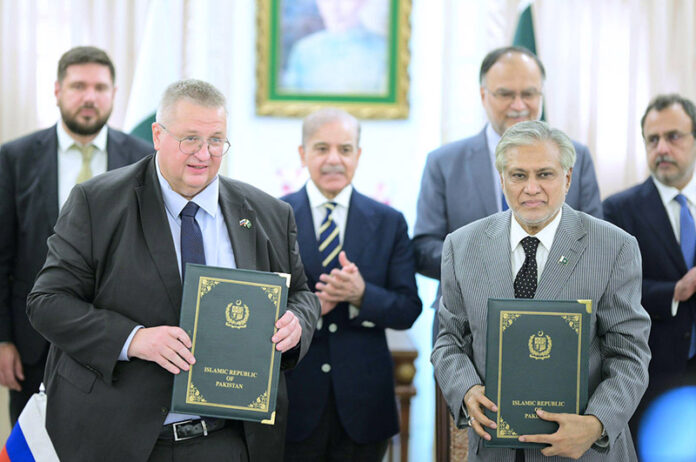 Prime Minister Muhammad Shehbaz Sharif and Deputy Prime Minister of Russian Federation witness signing of a Memorandum of Understanding between Pakistan and Russia to increase cooperation in different fields