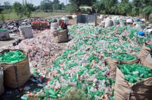 Laborer busy in collecting usable plastic bottles for recycling process at Northern bypass.