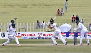 Pakistani batsman Salman Agha in action during the fourth day of 2nd test match between Pakistan and Bangladesh at Rawalpindi Cricket Stadium.