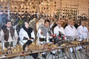 Federal Minister for Kashmir Affairs, GB, SAFRON and President PML N Khyber Pakhtunkhwa Engr. Amir Muqam addressing a press conference.