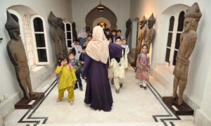 School children visit Peshawar museum in connection with World Tourism Day.