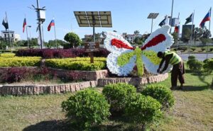 CDA worker installs a model of floral butterfly at D Chowk enhancing the beauty of the federal capital.