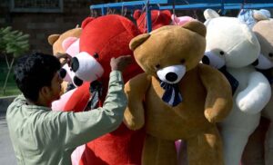 A roadside vendor display large, adorable soft toys, aiming to capture the attention of passers-by in the Twin Cities.