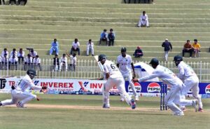 Pakistani batsman Salman Agha in action during the fourth day of 2nd test match between Pakistan and Bangladesh at Rawalpindi Cricket Stadium.