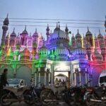 An illuminated view of Haji Baba Hayat Jamia Masjid decorated with colorful lights in connection with Eid Milad-un-Nabi(SAWW) Celebrations