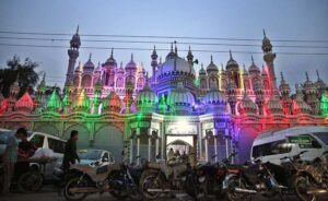 An illuminated view of Haji Baba Hayat Jamia Masjid decorated with colorful lights in connection with Eid Milad-un-Nabi(SAWW) Celebrations