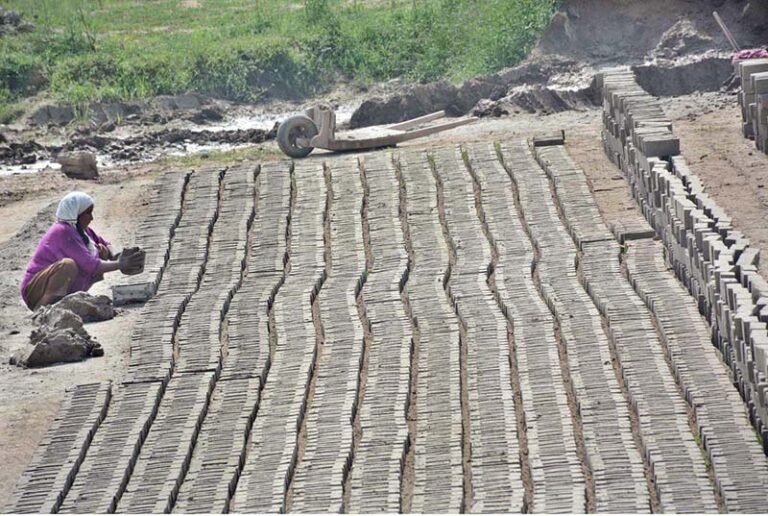 A woman laborer skillfully molds raw bricks at a local kiln, her hands