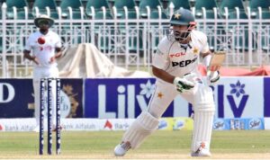 Pakistani batsman Salman Agha in action during the fourth day of 2nd test match between Pakistan and Bangladesh at Rawalpindi Cricket Stadium.