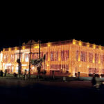 The building shines with fancy lights in honor of Rabi-ul-Awwal