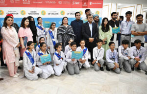 Coordinator to the Prime Minister on Climate Change, Romina Khurshid Alam, distributing certificates to students at the COP29 Simulation Program held at Aiwan-e-Iqbal.