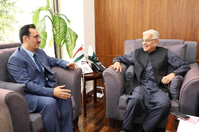 H.E. Sharifzoda Yusuf Toir, Ambassador of the Republic of Tajikistan called on Federal Minister for Defence, Defence Production and Aviation, Khawaja Muhammad Asif