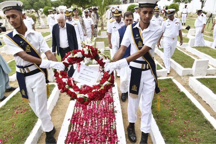 Federal Minister for Maritime Affairs Qaiser Ahmed Sheikh is arriving at Naval Cemetery to offer Fateha
