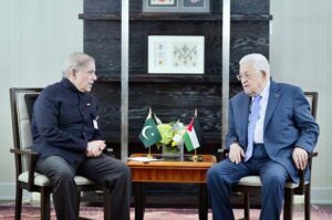 Prime Minister Muhammad Shehbaz Sharif meeting with the President of the State of Palestine Mahmood Abbas on the sidelines of the 79th session of the United Nations General Assembly.