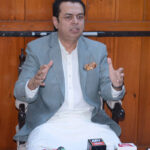 PMLN Central Leader/former State Minister, Senator Talal Chaudhary is addressing a press conference at his residence