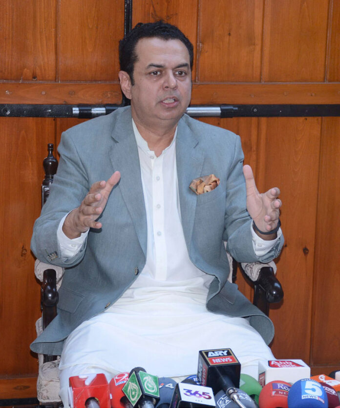 PMLN Central Leader/former State Minister, Senator Talal Chaudhary is addressing a press conference at his residence