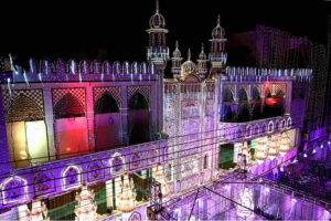 An illuminated view of Jamia Masjid Shah Inayat Qadri (Oonchi Masjid) decorated with colorful lights in connection with Eid Milad-un-Nabi (SAWW) Celebrations