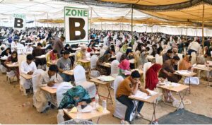 Students are solving their question papers during Pre entry test for admission at the Liaquat University of Medical & Health Sciences (LUMHS).