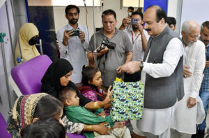 Chairman Prime Minister’s Youth Programme Rana Mashood Ahmed Khan talking to the media persons during his visit to Sundas Foundation.