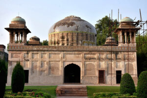 An outside view of the Tomb of Dai Anga also known as the Gulabi Bag is a 17th-century Mughal Tomb Complex located in the Mughal-Era Suburb of Begampura, outside the Walled City