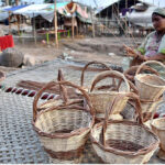 A gypsy woman busy in preparing traditional basket with branches of tree outside her makeshift house on the bank of River Ravi in the Provincial Capital