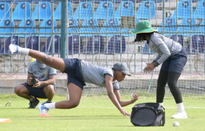 Players of South Africa Women cricket team participating in a net practice session for the upcoming three T20 series against Pakistan Women cricket team at Multan Cricket Stadium