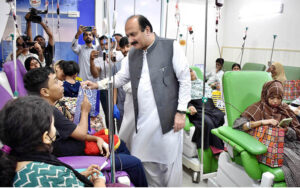 Chairman Prime Minister’s Youth Programme Rana Mashood Ahmed Khan talking to the media persons during his visit to Sundas Foundation.