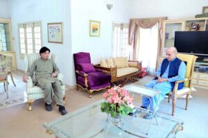 Prime Minister Muhammad Shehbaz Sharif offering condolences to Chaudhary Nisar Ali Khan on the demise of his sister