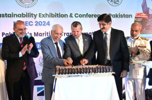 Sindh Chief Minister Syed Murad Ali Shah, Federal Minister for Maritime Affairs Qaiser Ahmed Sheikh, Secretary General International Maritime Organization Arsenio Antonio and other officials inaugurate the International Maritime Sustainability Exhibition & Conference Pakistan-IMSEC 2024 with a ribbon-cutting ceremony at a local hotel.