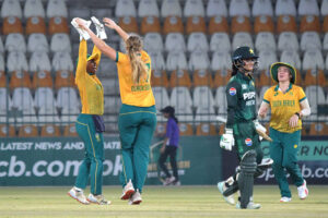 Pakistan Woman team batter plays shot during second T20 International cricket match playing against South Africa women team at Multan Cricket Stadium