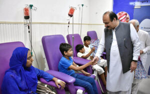 Chairman Prime Minister’s Youth Programme Rana Mashood Ahmed Khan talking to the media persons during his visit to Sundas Foundation.
