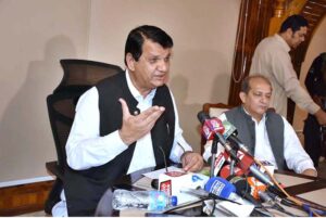 Minister SAFRON and Kashmir Affairs Amir Muqam briefs the press at Commissionerate of Afghan Refugees.
