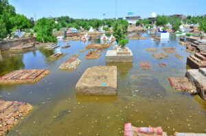 A view of rain water accumulated at Tando Yousuf Graveyard.